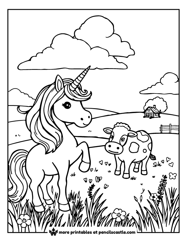unicorn and cow in a pasture with flowers and clouds coloring page