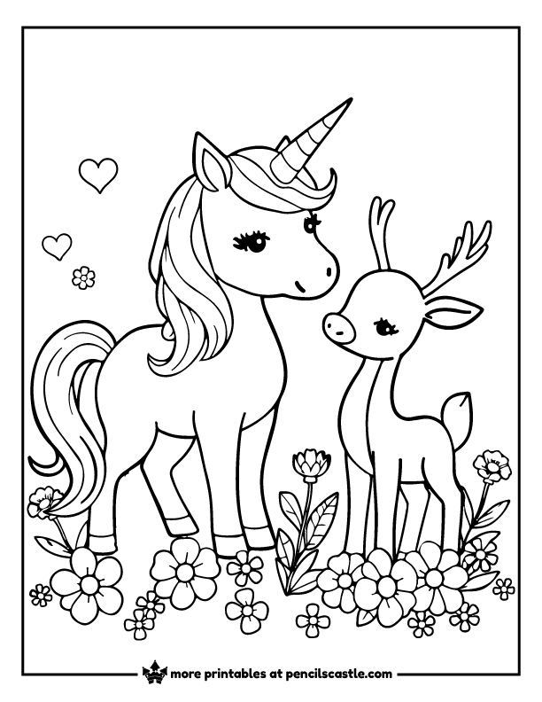 unicorn and baby deer with flowers and hearts coloring page