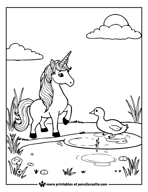 unicorn meeting a duck at a pond with plants and clouds coloring page
