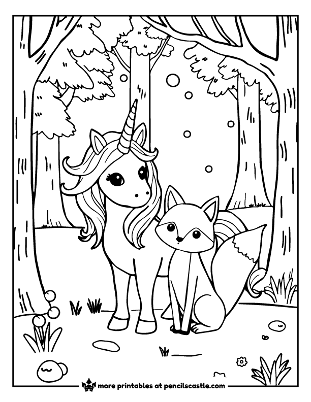 unicorn standing next to a fox in a forest with trees coloring page