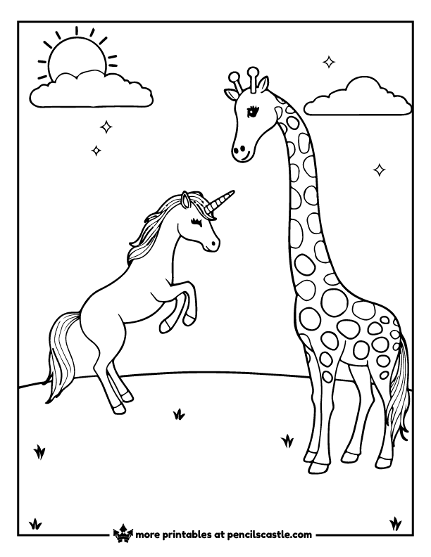 unicorn next to giraffe in a grassy field with clouds and sun coloring page
