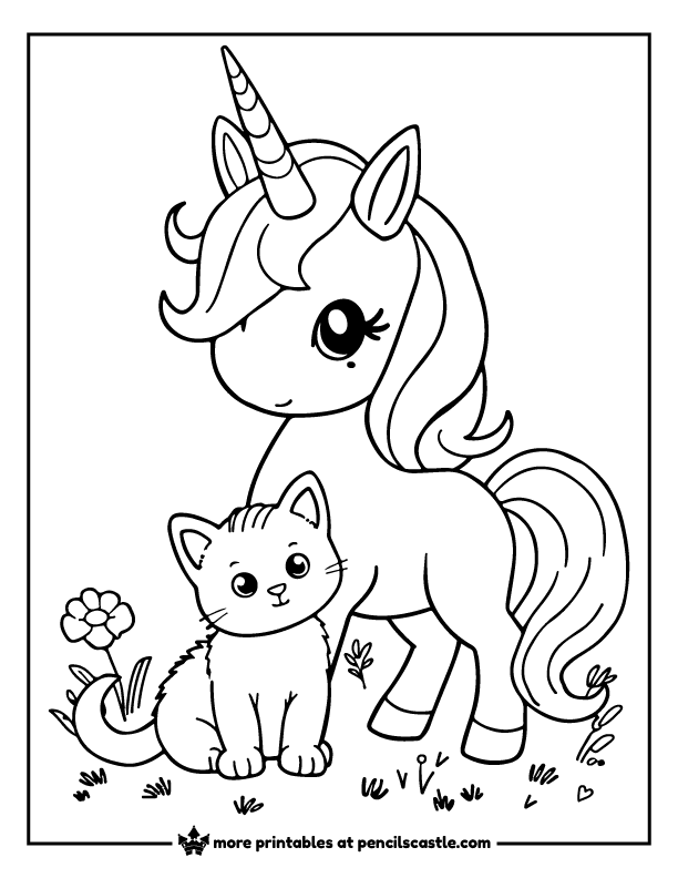 unicorn next to a cute kitten with flowers coloring page