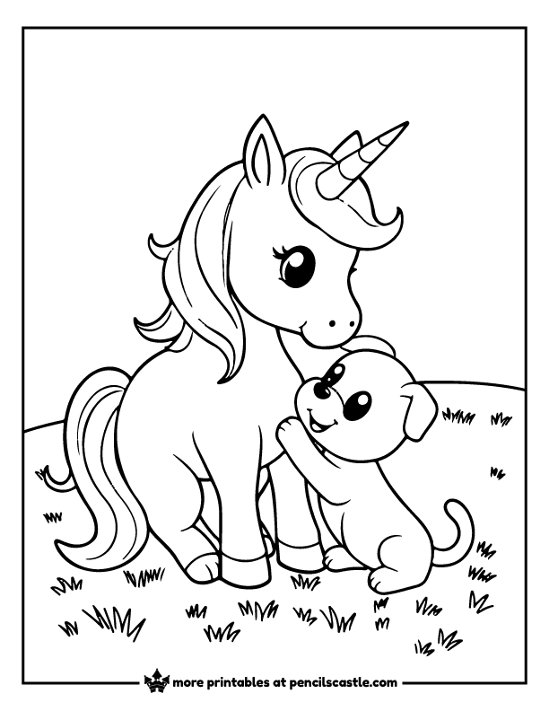 unicorn and puppy dog hugging in a grassy field coloring page