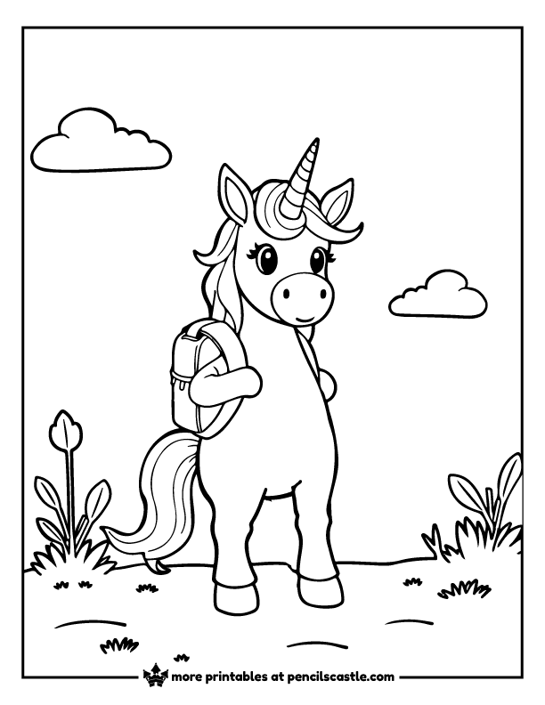 unicorn wearing a school bag with clouds and plants coloring page