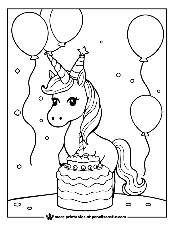 unicorn in a party hat with a birthday cake and balloons coloring page