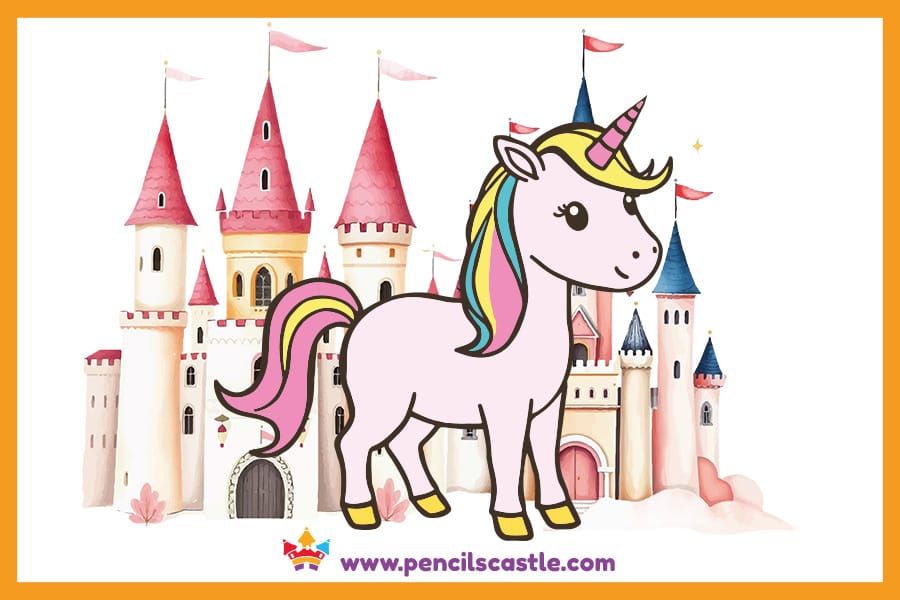 unicorn drawing in front of a castle