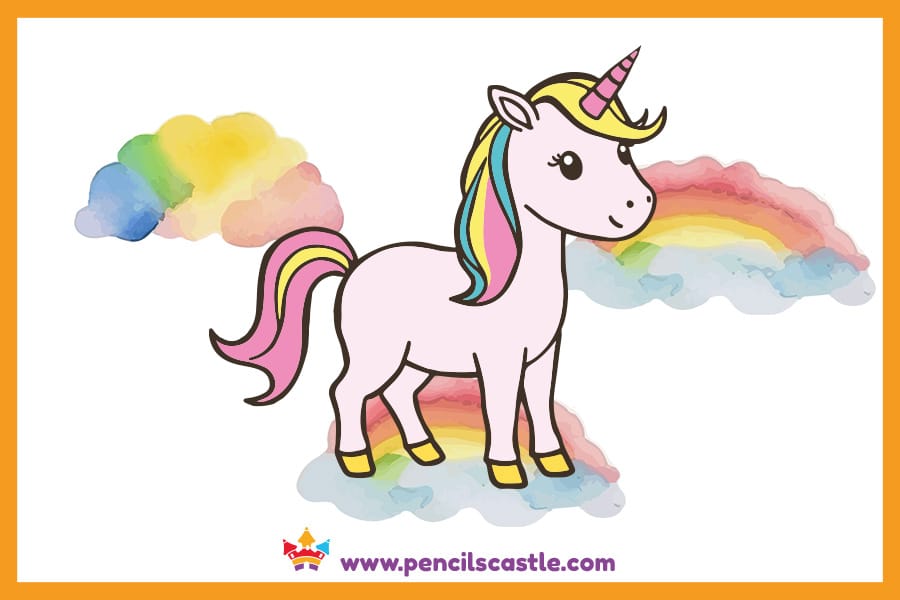 unicorn drawing with colorful clouds