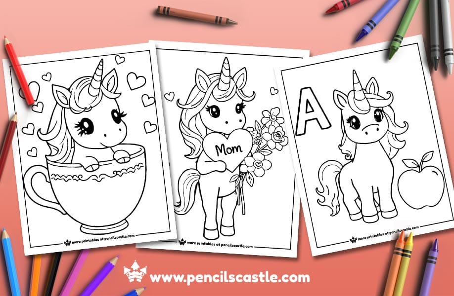 three unicorn coloring pages with pencils and crayons on a pink background