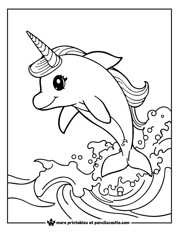 dolphin with a unicorn horn jumping through a wave coloring page