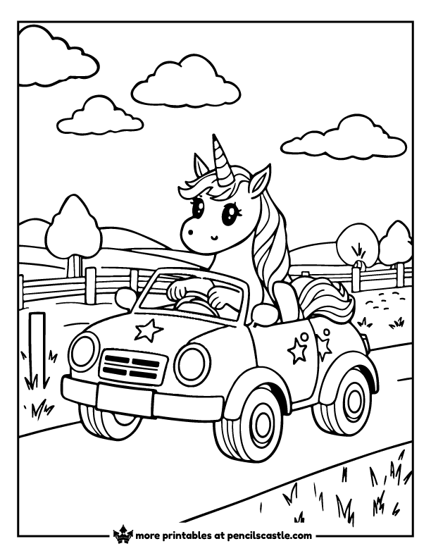 unicorn driving a small car with star decals on a country road coloring page