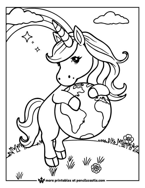 unicorn under rainbow and clouds, hugging the earth with plants and flowers coloring page
