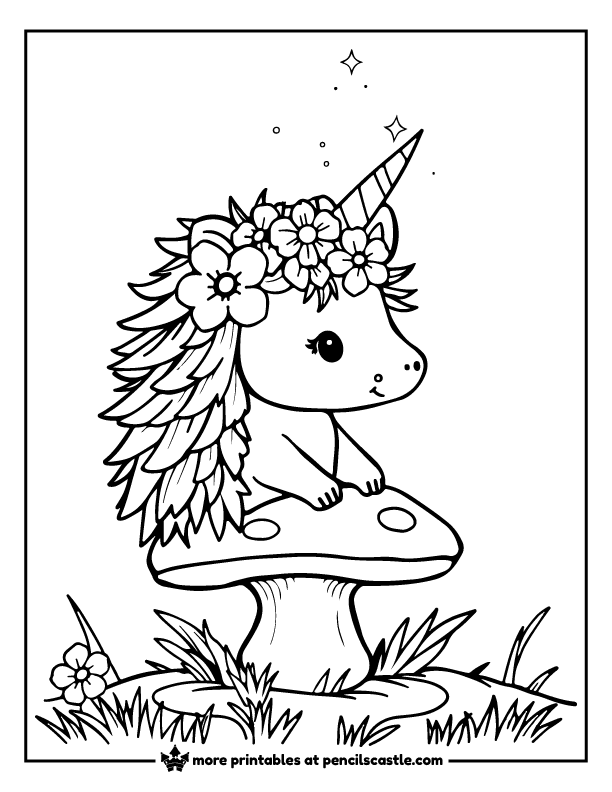 hedgehog with a unicorn horn and a flower crown sitting on a mushroom coloring page
