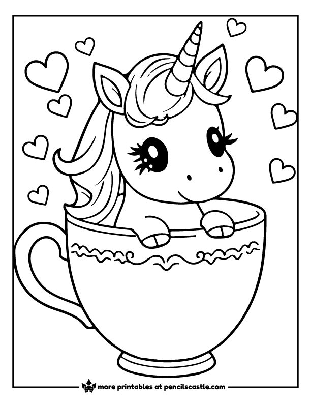 cute unicorn peeking out of a teacup with hearts coloring page