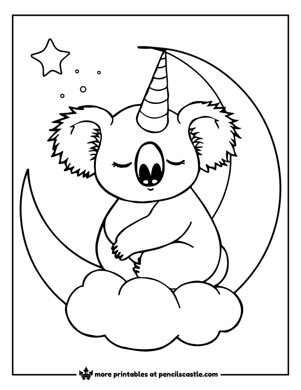 sleepy koala with a unicorn horn resting on a crescent moon cloud coloring page