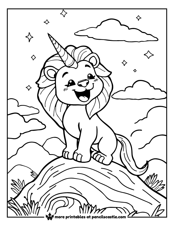 little lion with a unicorn horn standing on a hilltop with clouds coloring page