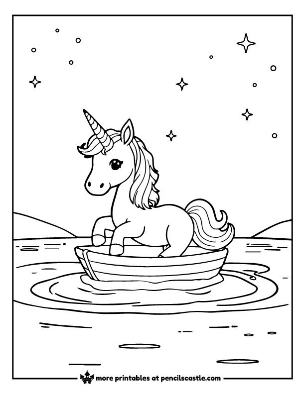 unicorn sailing across a lake in a small rowboat with sparkles coloring page