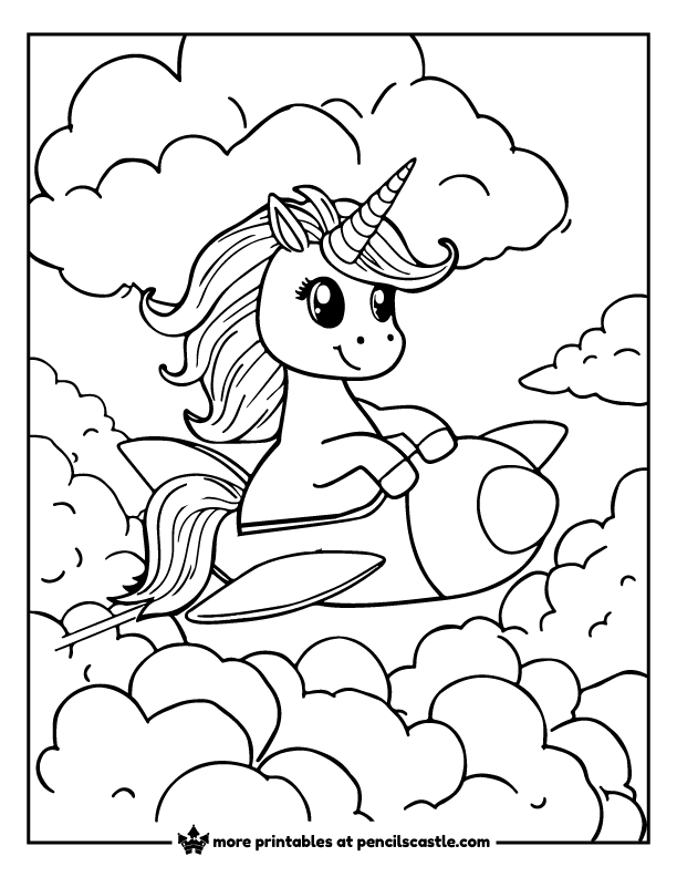 unicorn soaring through the clouds in an airplane coloring page
