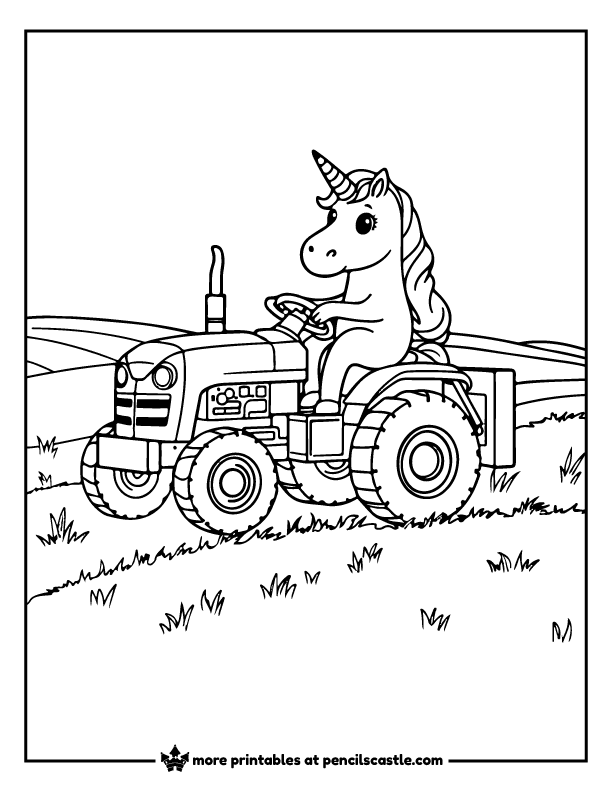 unicorn driving a tractor across a farm field coloring page
