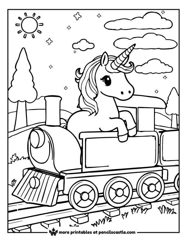unicorn on a train with trees, clouds, and sun coloring page