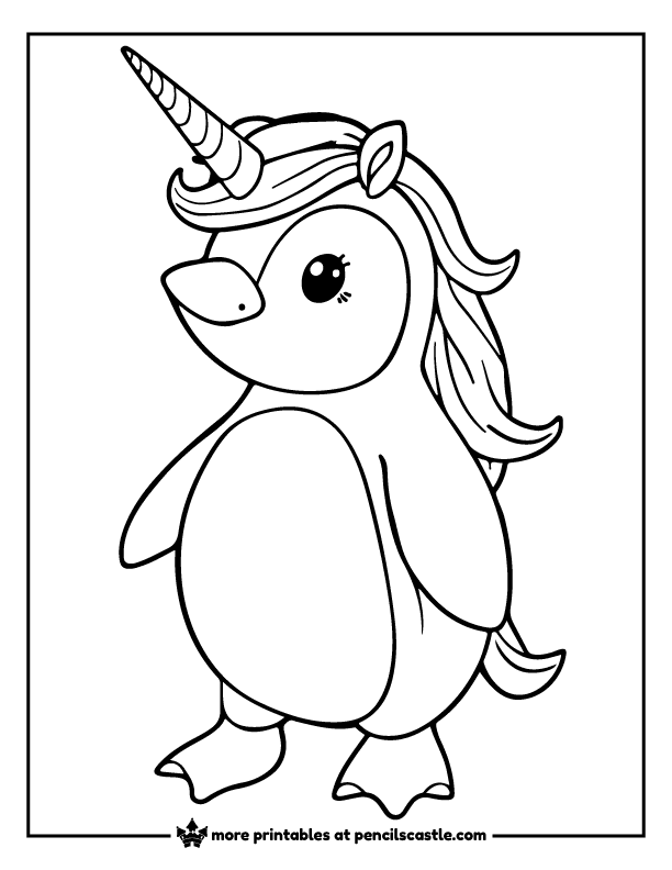 cute penguin with a unicorn horn coloring page