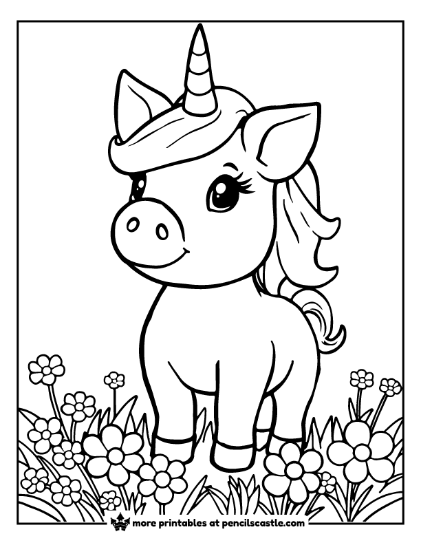 piglet with a unicorn horn in a flower patch coloring page