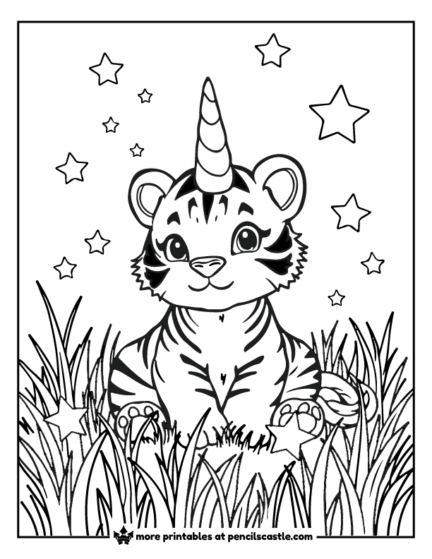 cute tiger cub with a unicorn horn sitting on the grass with stars coloring page