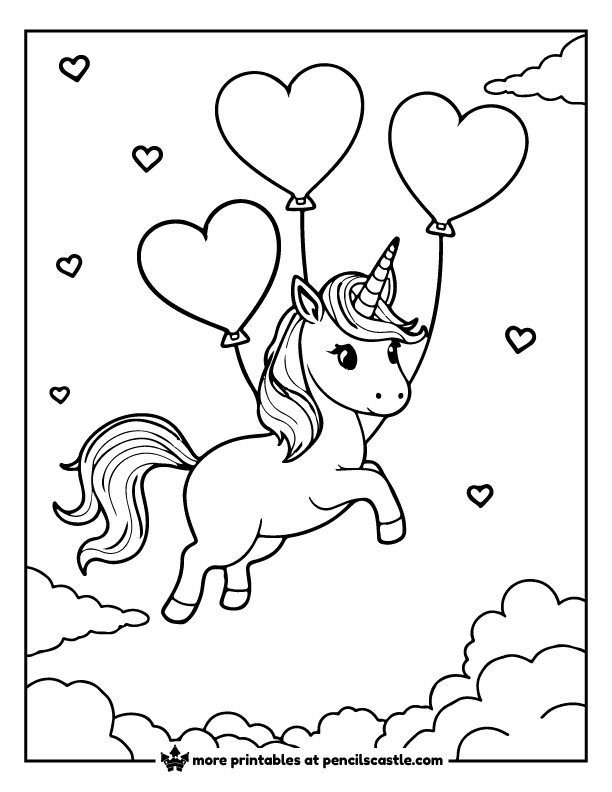 unicorn floating with heart-shaped balloons with clouds coloring page