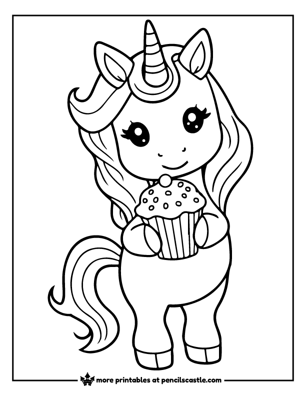 cute unicorn holding a delicious cupcake with sprinkle coloring page
