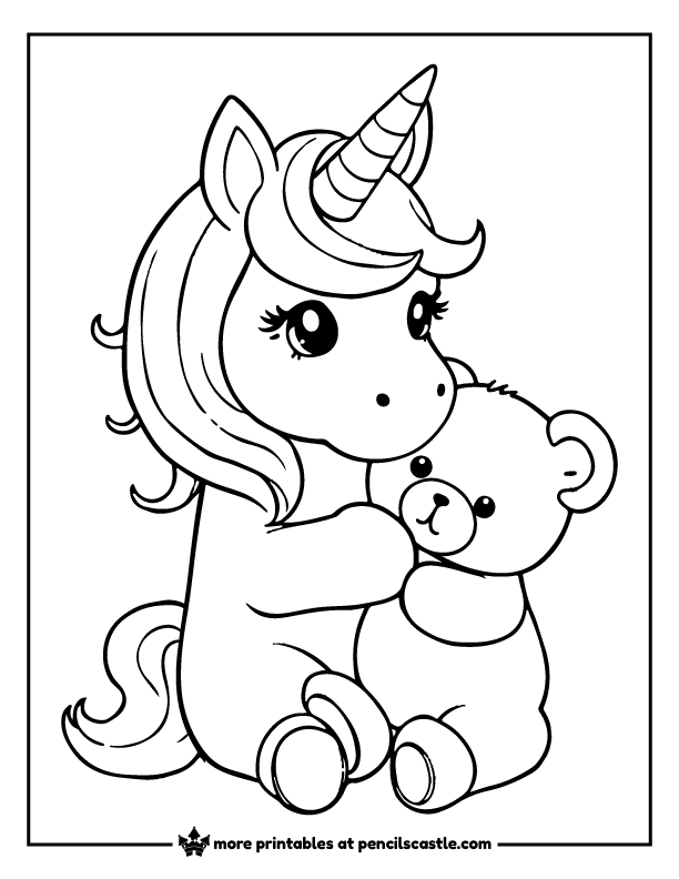 snuggly unicorn cuddling a teddy bear coloring page