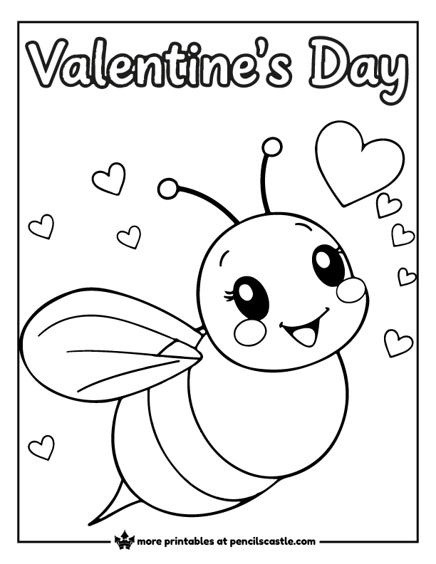 happy bee with hearts floating around and 'valentine's day' text coloring page