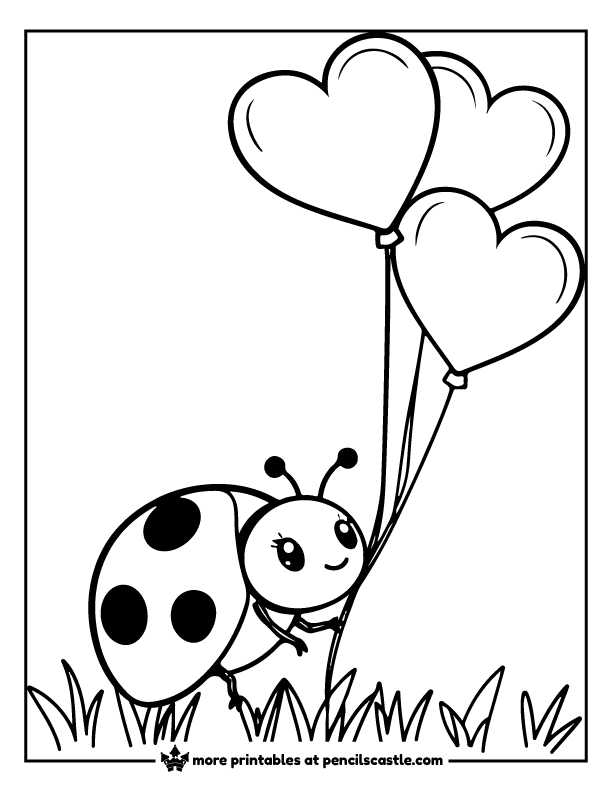 valentine ladybug holding heart-shaped balloons coloring sheet
