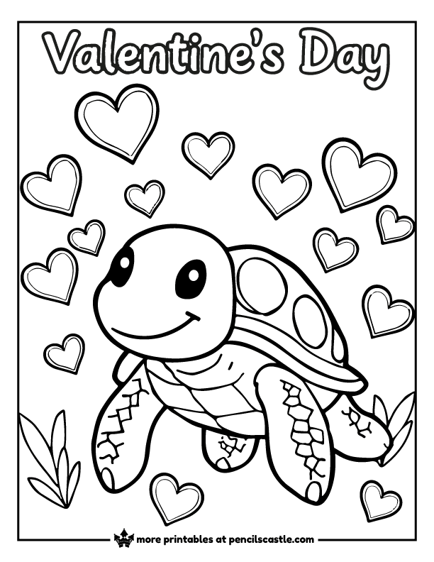 Turtle surrounded by floating hearts with "valentine's day" text coloring page