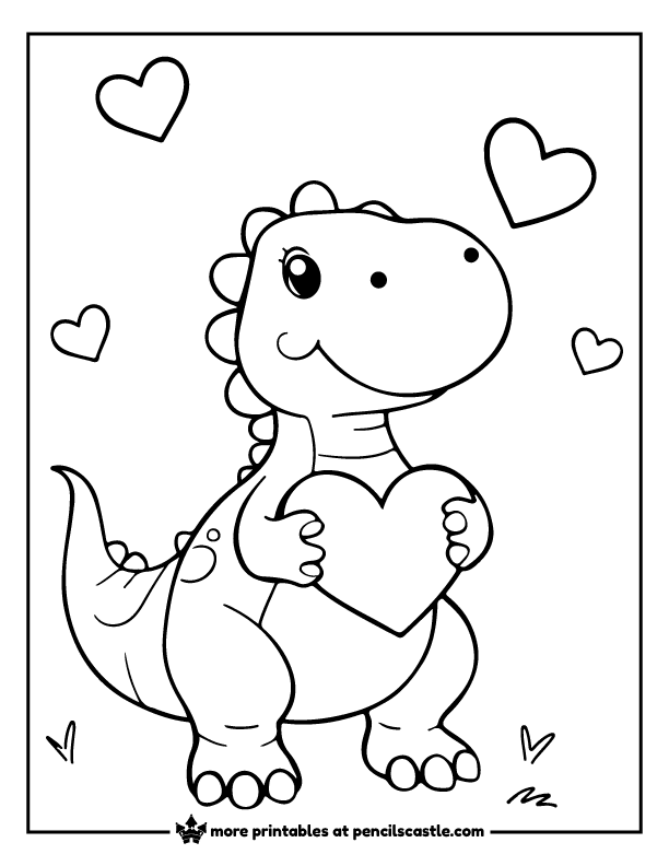 cute valentine dino holding a heart with hearts floating around it coloring page