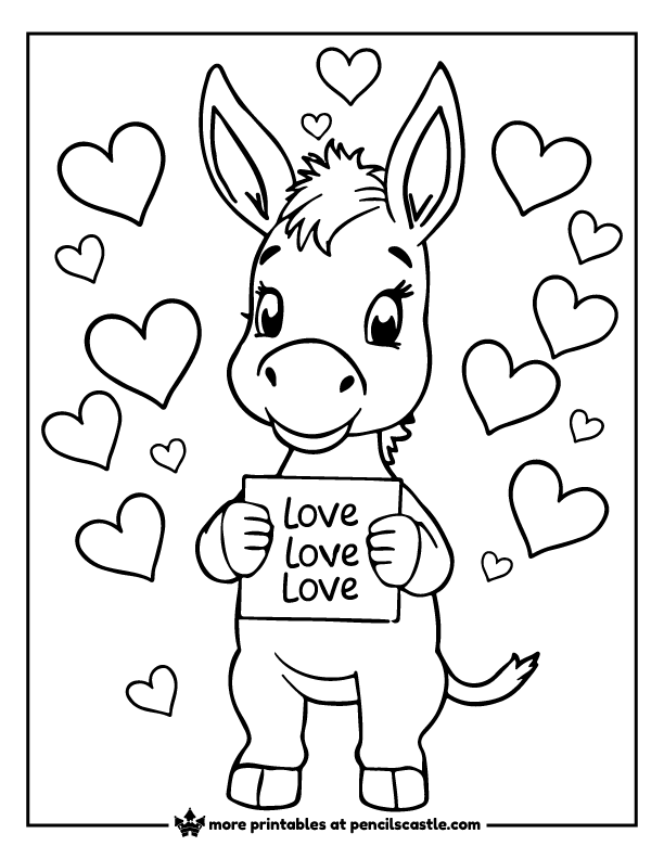 donkey holding a love sign with hearts floating all around coloring page