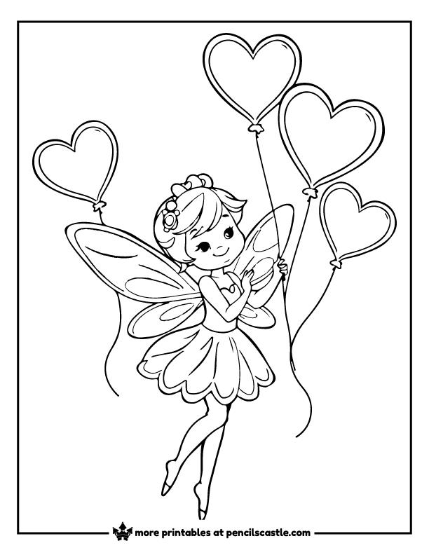 valentine fairy holding heart-shaped balloons coloring page