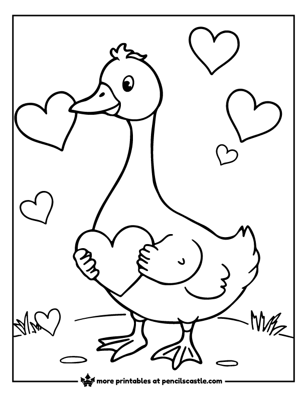 goose holding a heart with hearts floating around it coloring page