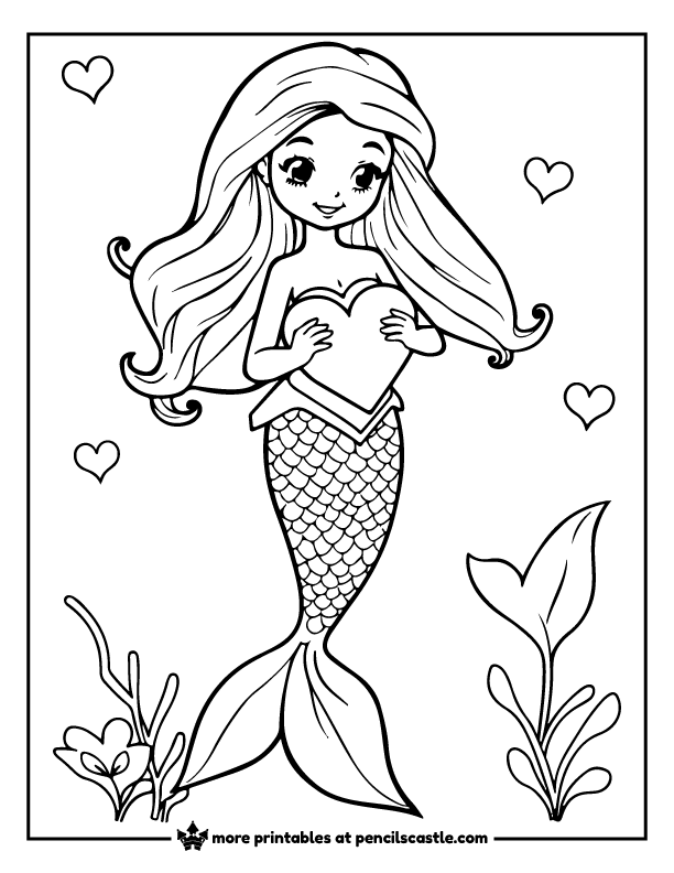 valentine mermaid holding a heart and surrounded by hearts coloring page