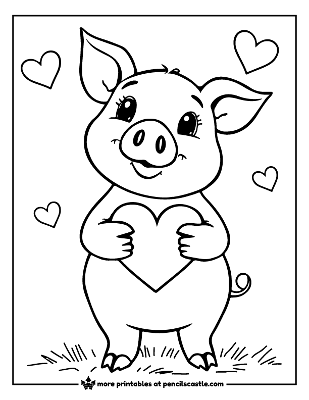 valentine pig holding a heart with hearts floating around coloring page