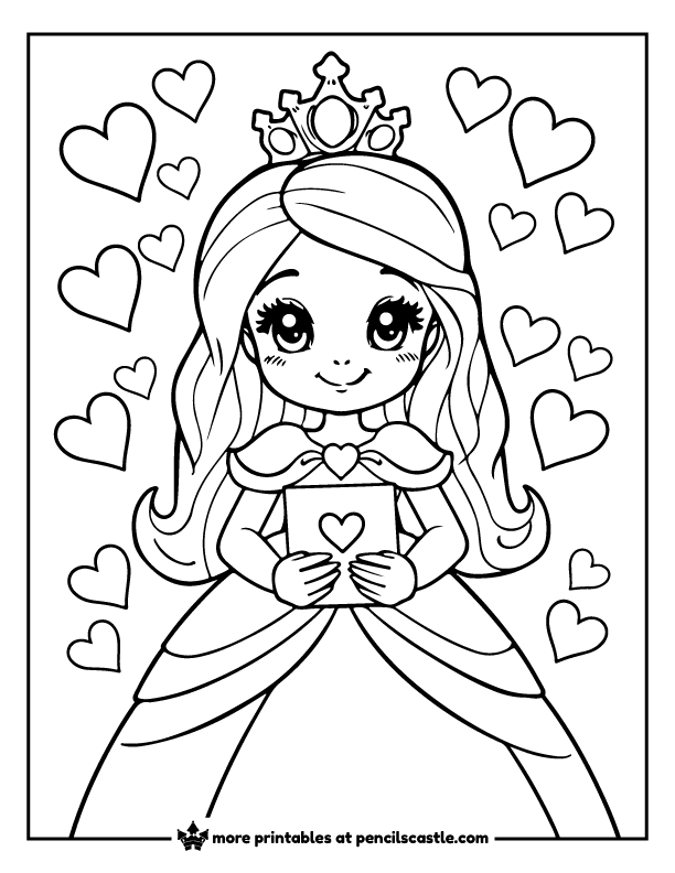 valentine princess with hearts all around and a love letter in her hands coloring page
