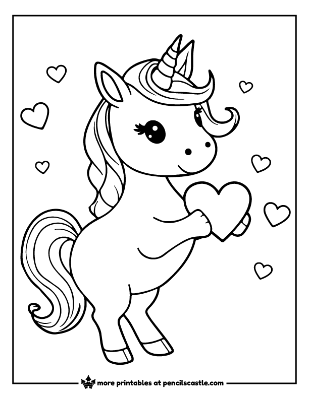 valentine unicorn holding a heart and surrounded by hearts coloring page