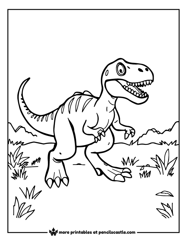 Velociraptor walking in a grassy field coloring page