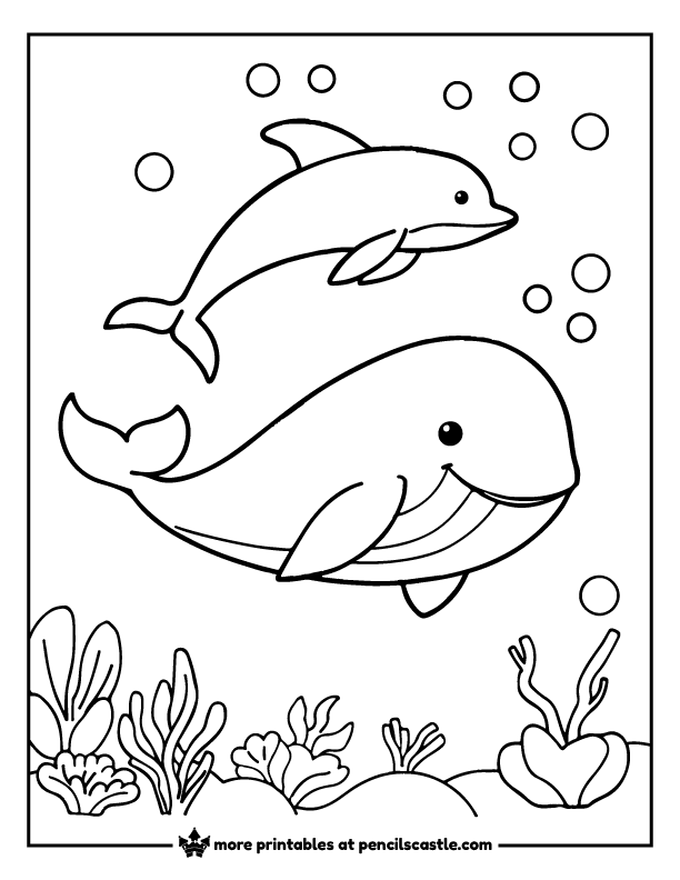 Whale playing with a dolphin in the ocean coloring sheet