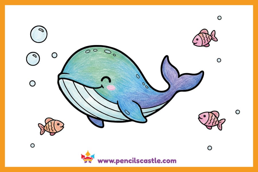 Whale drawing surrounded by small fish