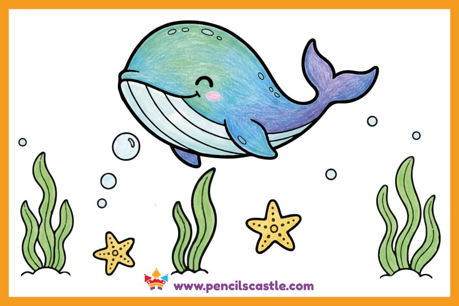 Whale drawing with seaweed and starfish