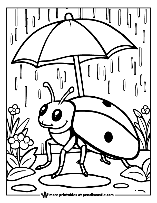 beetle with an umbrella under the rain coloring page