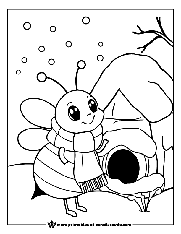 bee bundled up in a scarf next to a snowy hive coloring page