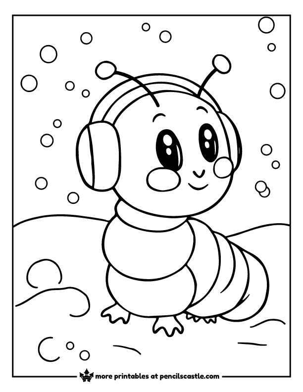 Caterpillar wearing earmuffs in the snow coloring sheet