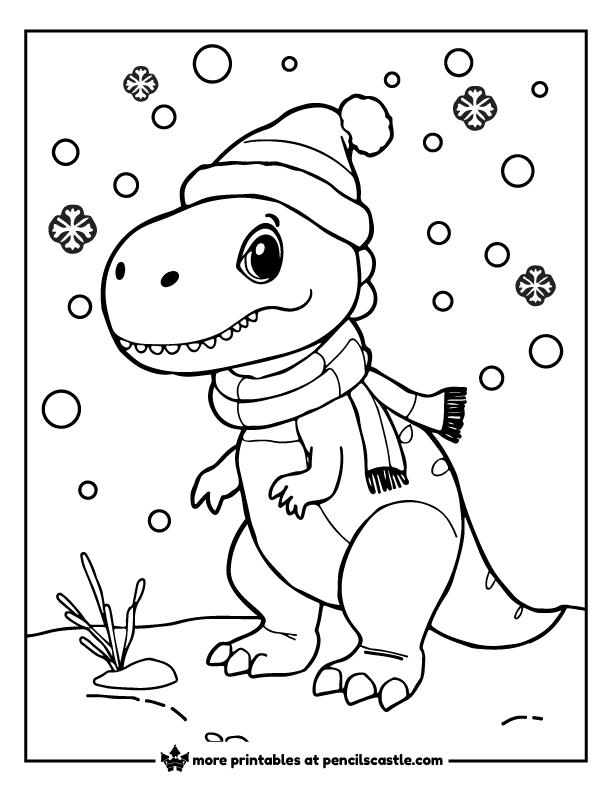dino bundled in a scarf and hat under snow and snowflakes coloring page