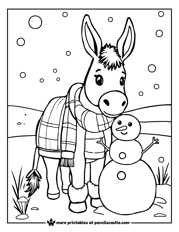donkey wearing a scarf next to a snowman with falling snow coloring sheet