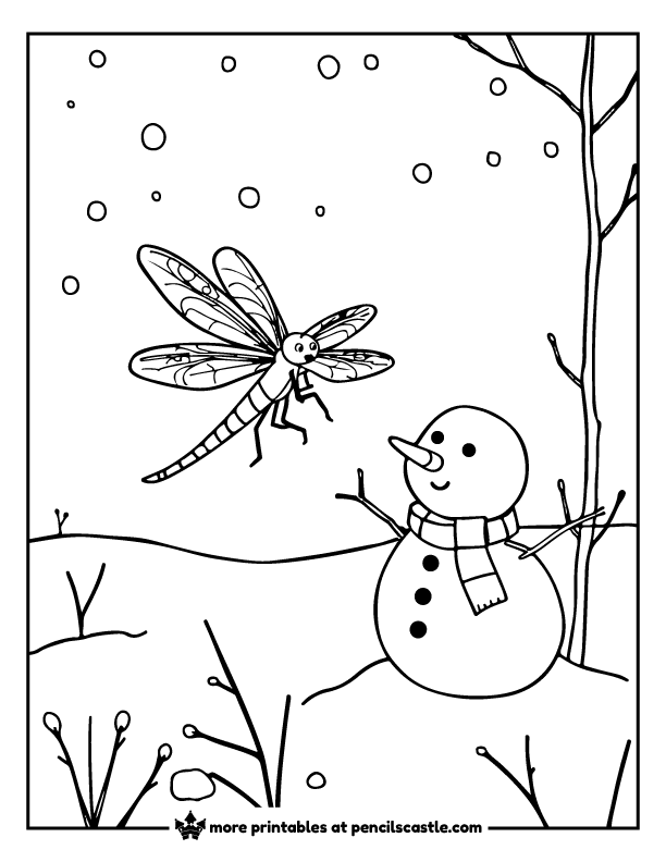 Dragonfly flying near a snowman under the snow coloring page